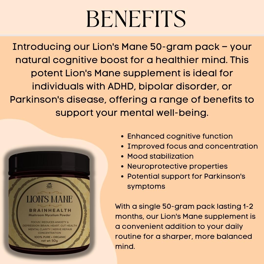 LION'S MANE MUSHROOM | (100% PURE) + Brain Focus | Mental Health Support | Cognition | Memory | Focus | ADHD